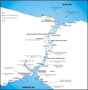 Overview of the Bosporus. At Kandili is the most narrow point of the transit, and we come close enough to the shore that we can see what is for dinner in the restaurants. Diagram courtesy of Turkish Pilots.