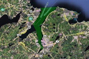 The green area is where the ship sails. Courtesy of a website decribing dredging plans for Sydney Harbour