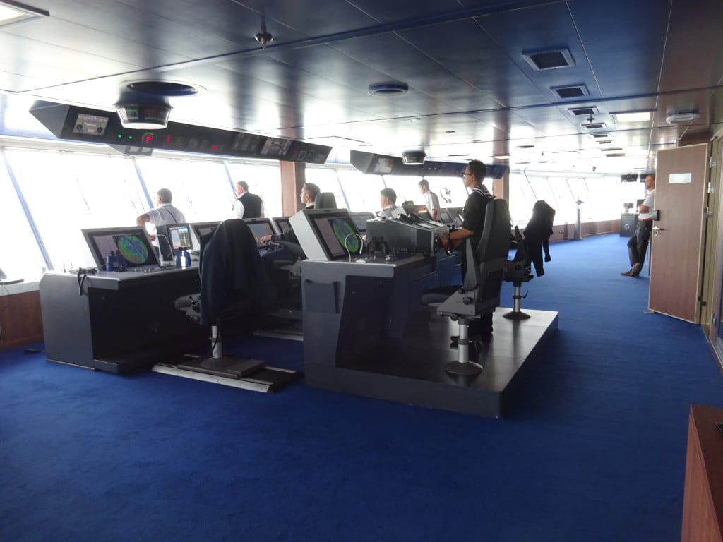 The bridge team in action. Helmsman, Captain Navigator, Co Navigator and two pilots in the front. We have two pilots due to the width of the ship.